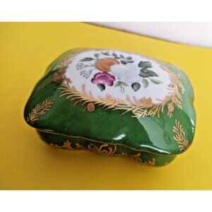 Vintage LIMOGES Lidded Porcelain Trinket Box 4.5" x 4" Green, Gold, Florals